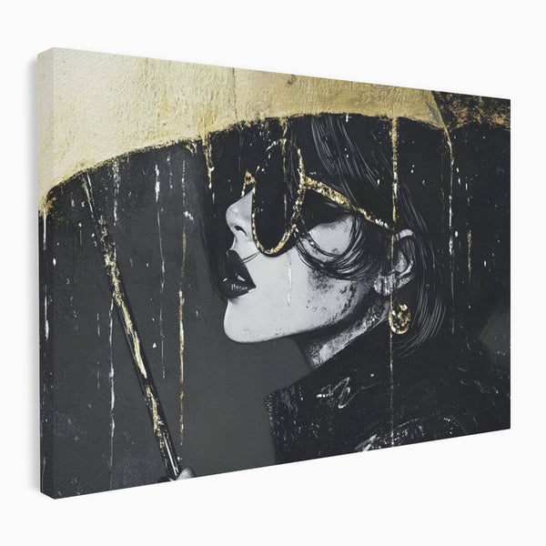 Tablou Canvas Premium, LuxCanva® G1112, Glamour In Ploaie, Picaturi, Umbrela, Gold, Ochelari, Stil, Rafinament, Cinematic, Artista, Living, Dormitor