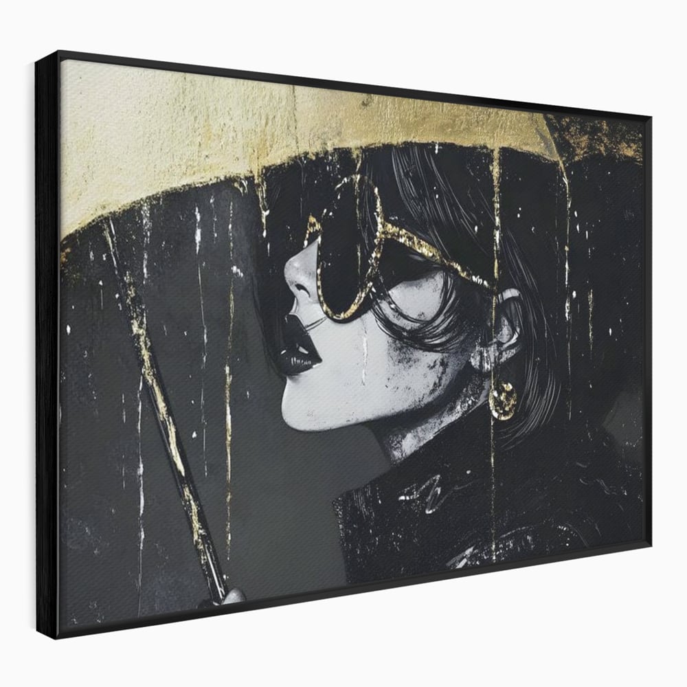 Tablou Canvas Premium, LuxCanva® G1112, Glamour In Ploaie, Picaturi, Umbrela, Gold, Ochelari, Stil, Rafinament, Cinematic, Artista, Living, Dormitor
