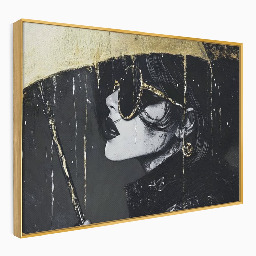 Tablou Canvas Premium, LuxCanva® G1112, Glamour In Ploaie, Picaturi, Umbrela, Gold, Ochelari, Stil, Rafinament, Cinematic, Artista, Living, Dormitor