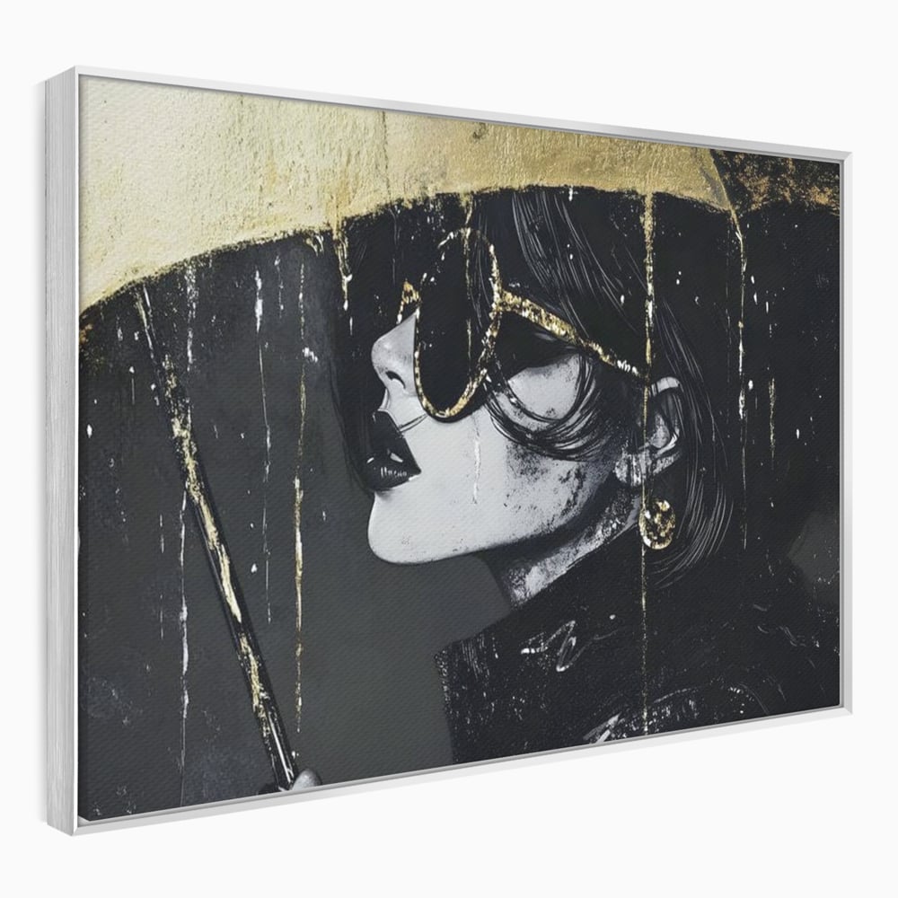 Tablou Canvas Premium, LuxCanva® G1112, Glamour In Ploaie, Picaturi, Umbrela, Gold, Ochelari, Stil, Rafinament, Cinematic, Artista, Living, Dormitor