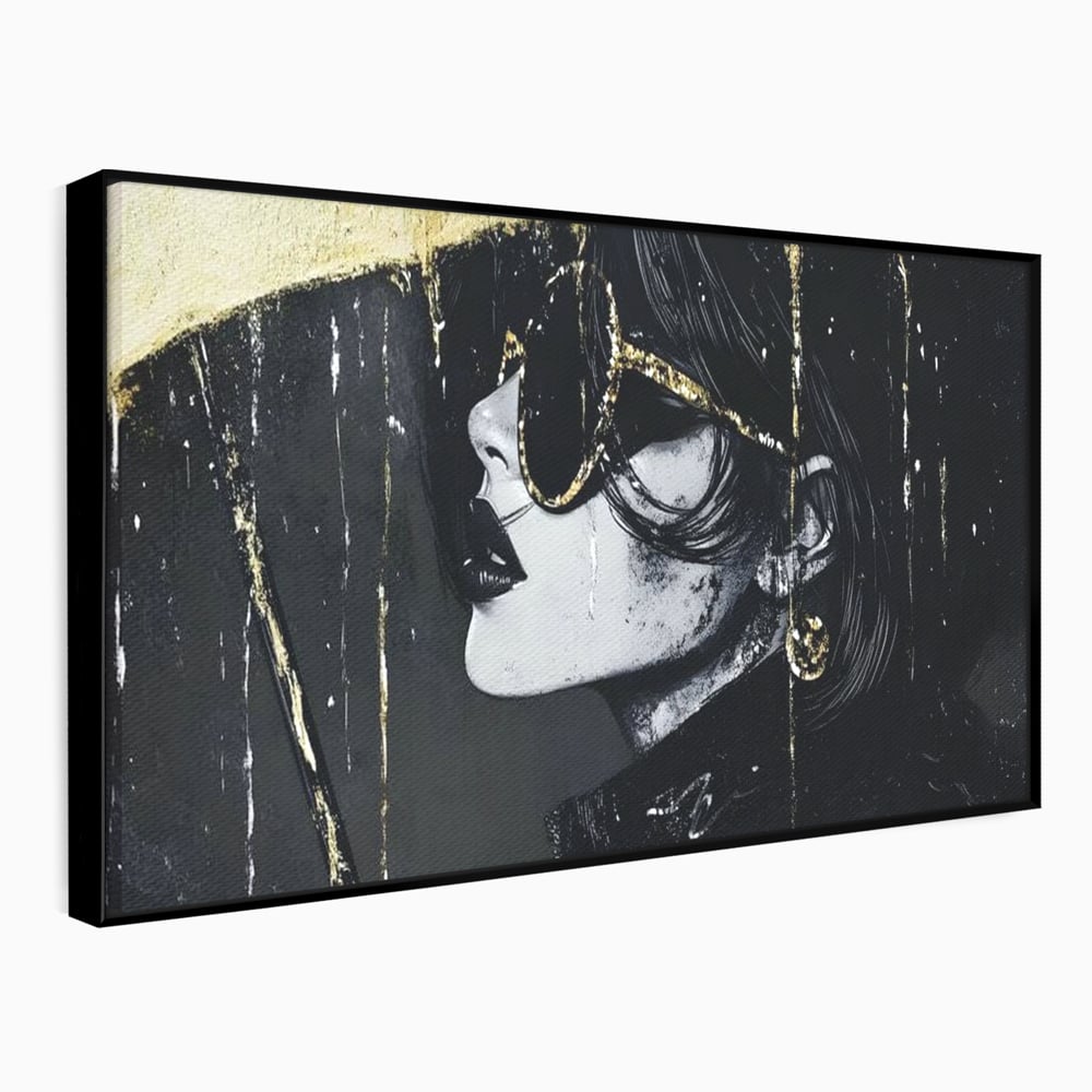Tablou Canvas Premium, LuxCanva® G1112, Glamour In Ploaie, Picaturi, Umbrela, Gold, Ochelari, Stil, Rafinament, Cinematic, Artista, Living, Dormitor