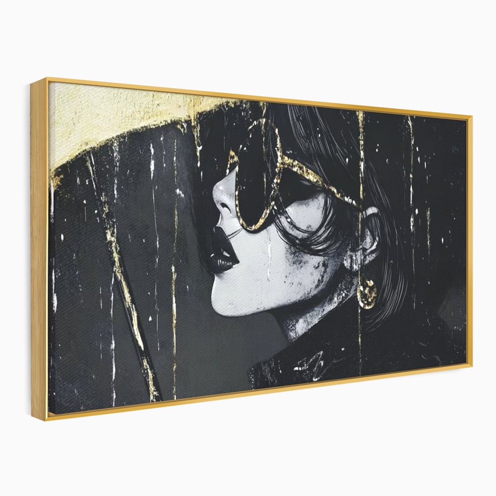 Tablou Canvas Premium, LuxCanva® G1112, Glamour In Ploaie, Picaturi, Umbrela, Gold, Ochelari, Stil, Rafinament, Cinematic, Artista, Living, Dormitor