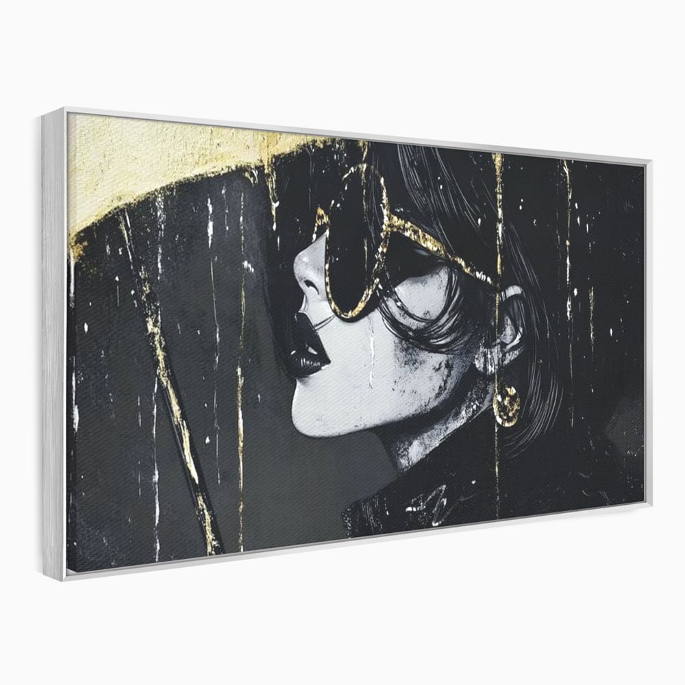 Tablou Canvas Premium, LuxCanva® G1112, Glamour In Ploaie, Picaturi, Umbrela, Gold, Ochelari, Stil, Rafinament, Cinematic, Artista, Living, Dormitor