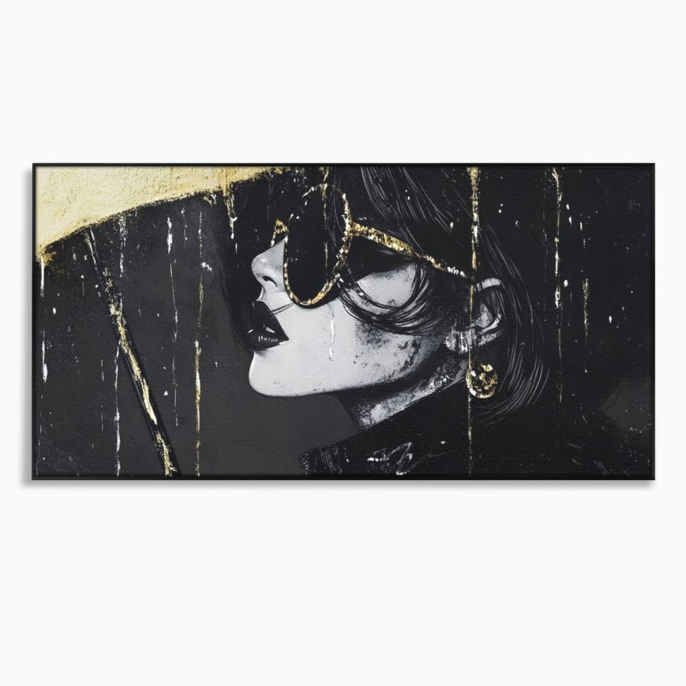Tablou Canvas Premium, LuxCanva® G1112, Glamour In Ploaie, Picaturi, Umbrela, Gold, Ochelari, Stil, Rafinament, Cinematic, Artista, Living, Dormitor
