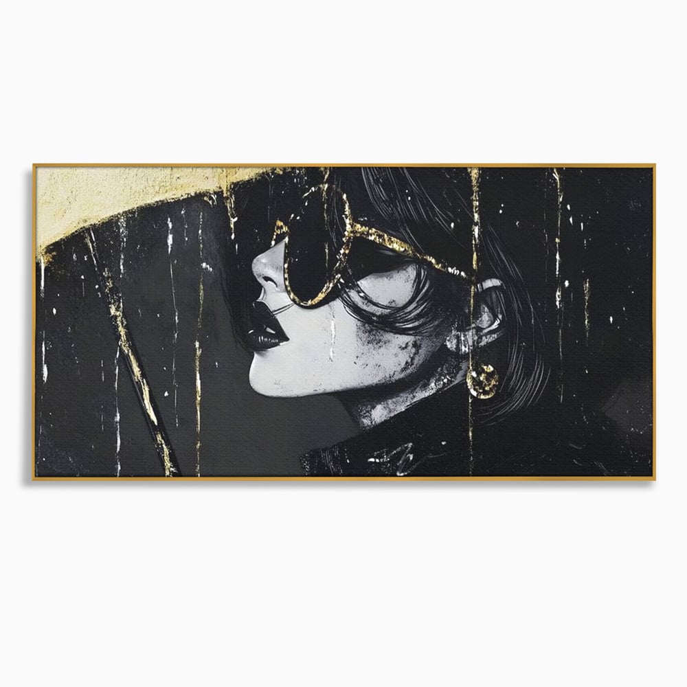 Tablou Canvas Premium, LuxCanva® G1112, Glamour In Ploaie, Picaturi, Umbrela, Gold, Ochelari, Stil, Rafinament, Cinematic, Artista, Living, Dormitor
