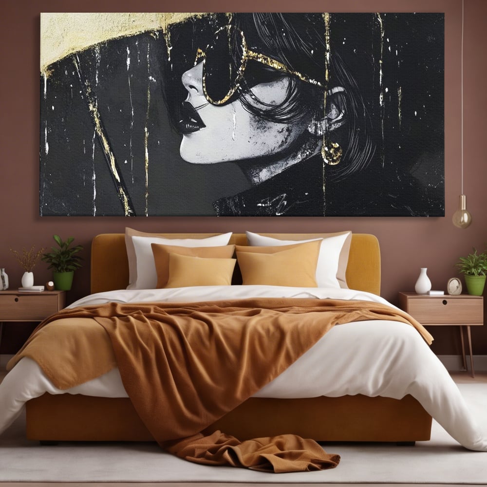Tablou Canvas Premium, LuxCanva® G1112, Glamour In Ploaie, Picaturi, Umbrela, Gold, Ochelari, Stil, Rafinament, Cinematic, Artista, Living, Dormitor