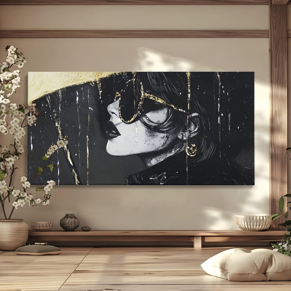 Tablou Canvas Premium, LuxCanva® G1112, Glamour In Ploaie, Picaturi, Umbrela, Gold, Ochelari, Stil, Rafinament, Cinematic, Artista, Living, Dormitor