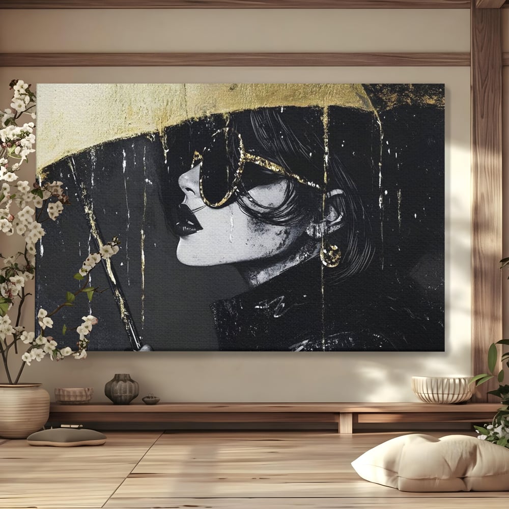 Tablou Canvas Premium, LuxCanva® G1112, Glamour In Ploaie, Picaturi, Umbrela, Gold, Ochelari, Stil, Rafinament, Cinematic, Artista, Living, Dormitor