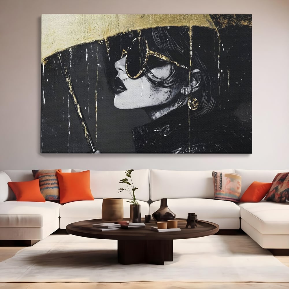 Tablou Canvas Premium, LuxCanva® G1112, Glamour In Ploaie, Picaturi, Umbrela, Gold, Ochelari, Stil, Rafinament, Cinematic, Artista, Living, Dormitor
