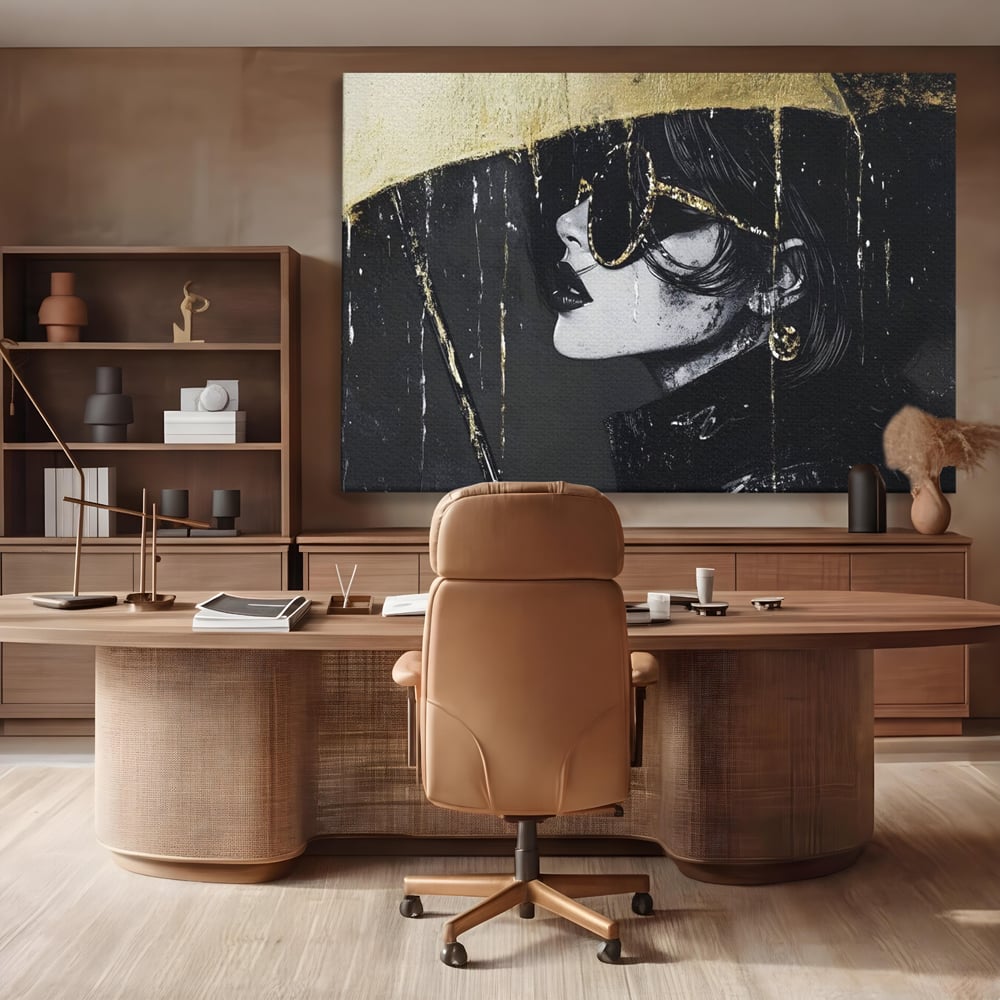Tablou Canvas Premium, LuxCanva® G1112, Glamour In Ploaie, Picaturi, Umbrela, Gold, Ochelari, Stil, Rafinament, Cinematic, Artista, Living, Dormitor