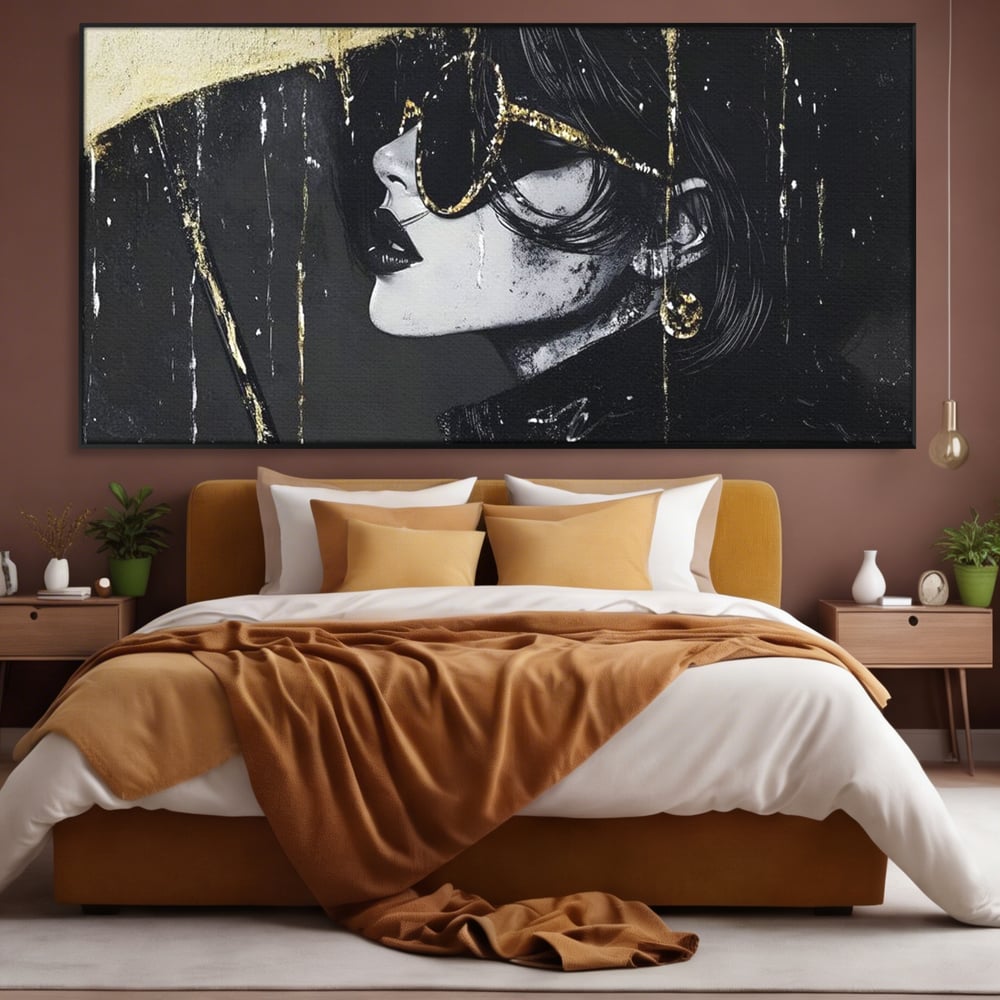 Tablou Canvas Premium, LuxCanva® G1112, Glamour In Ploaie, Picaturi, Umbrela, Gold, Ochelari, Stil, Rafinament, Cinematic, Artista, Living, Dormitor