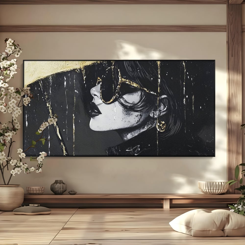 Tablou Canvas Premium, LuxCanva® G1112, Glamour In Ploaie, Picaturi, Umbrela, Gold, Ochelari, Stil, Rafinament, Cinematic, Artista, Living, Dormitor