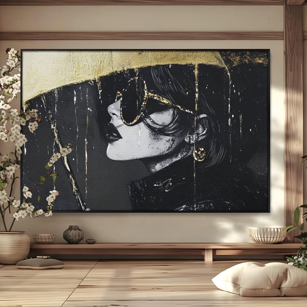 Tablou Canvas Premium, LuxCanva® G1112, Glamour In Ploaie, Picaturi, Umbrela, Gold, Ochelari, Stil, Rafinament, Cinematic, Artista, Living, Dormitor