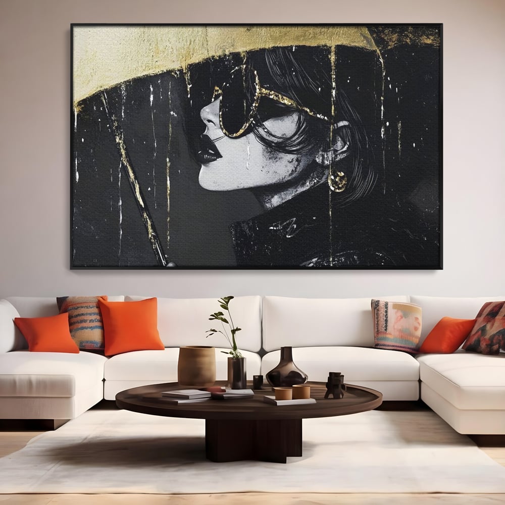 Tablou Canvas Premium, LuxCanva® G1112, Glamour In Ploaie, Picaturi, Umbrela, Gold, Ochelari, Stil, Rafinament, Cinematic, Artista, Living, Dormitor