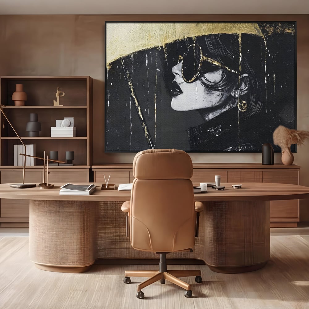 Tablou Canvas Premium, LuxCanva® G1112, Glamour In Ploaie, Picaturi, Umbrela, Gold, Ochelari, Stil, Rafinament, Cinematic, Artista, Living, Dormitor