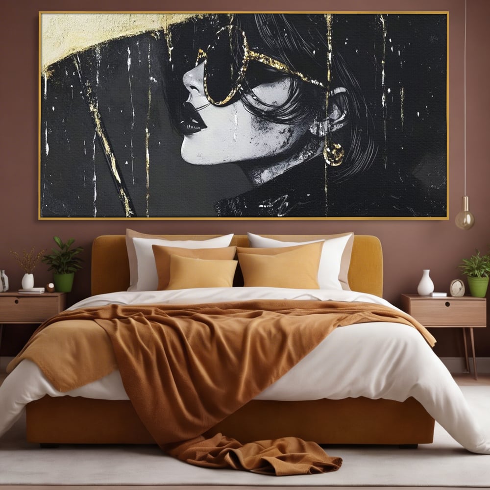 Tablou Canvas Premium, LuxCanva® G1112, Glamour In Ploaie, Picaturi, Umbrela, Gold, Ochelari, Stil, Rafinament, Cinematic, Artista, Living, Dormitor
