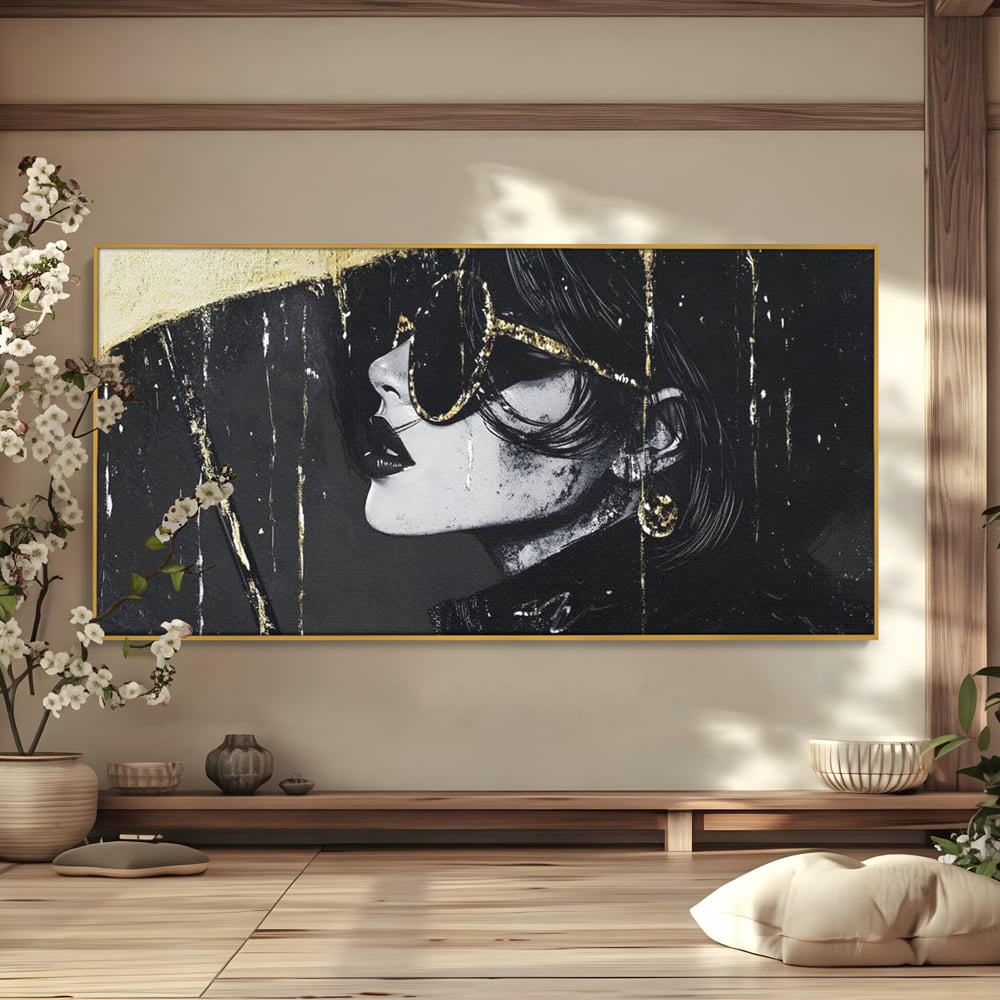 Tablou Canvas Premium, LuxCanva® G1112, Glamour In Ploaie, Picaturi, Umbrela, Gold, Ochelari, Stil, Rafinament, Cinematic, Artista, Living, Dormitor