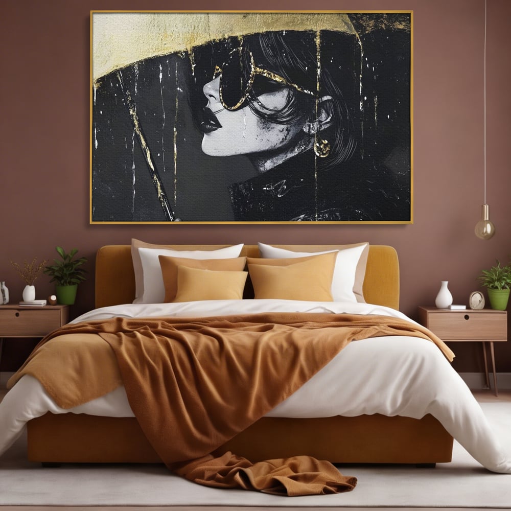 Tablou Canvas Premium, LuxCanva® G1112, Glamour In Ploaie, Picaturi, Umbrela, Gold, Ochelari, Stil, Rafinament, Cinematic, Artista, Living, Dormitor