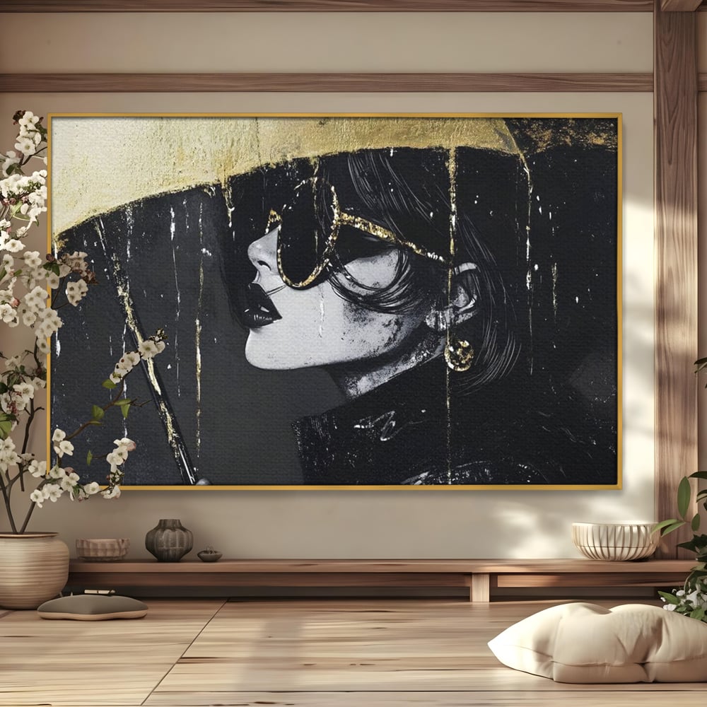 Tablou Canvas Premium, LuxCanva® G1112, Glamour In Ploaie, Picaturi, Umbrela, Gold, Ochelari, Stil, Rafinament, Cinematic, Artista, Living, Dormitor
