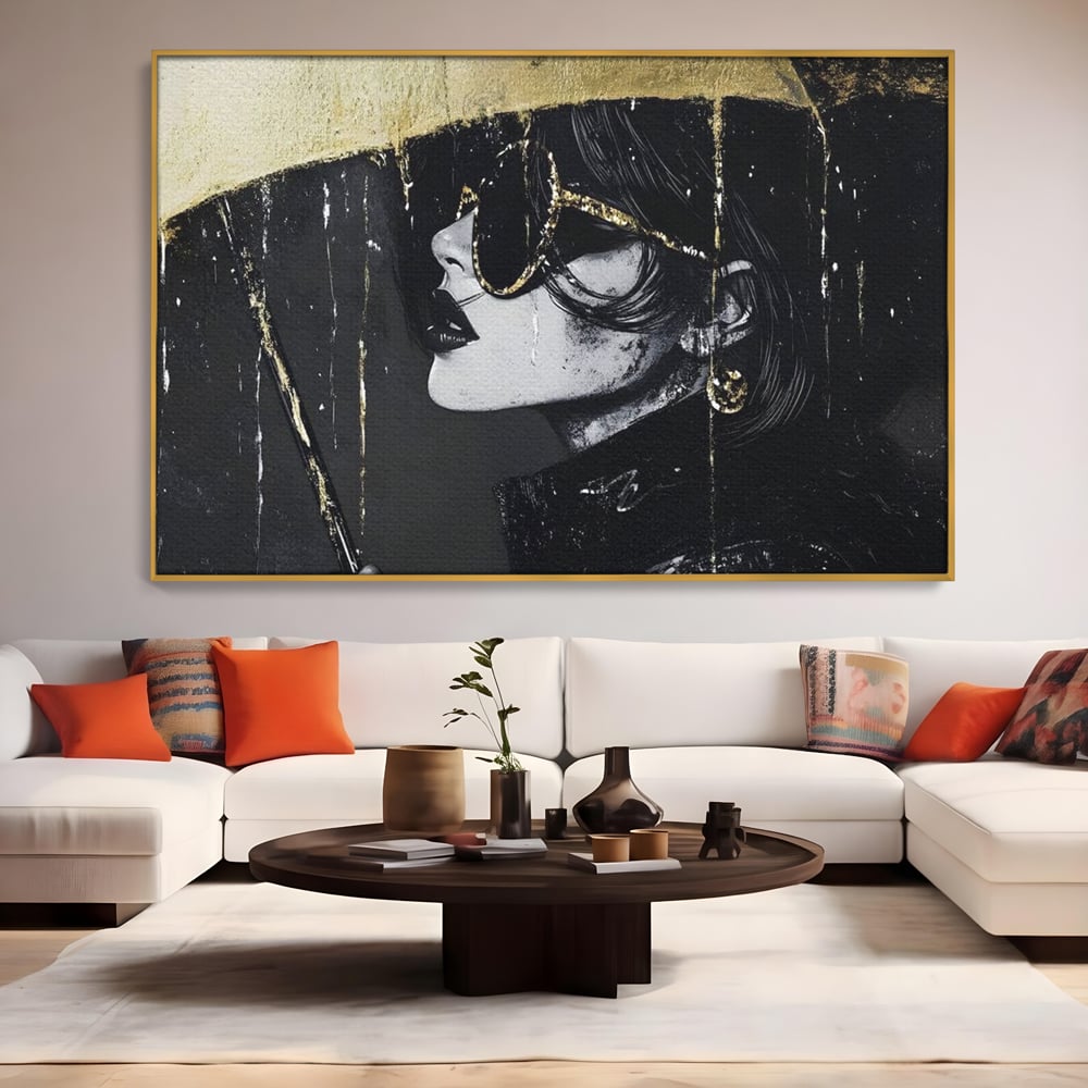 Tablou Canvas Premium, LuxCanva® G1112, Glamour In Ploaie, Picaturi, Umbrela, Gold, Ochelari, Stil, Rafinament, Cinematic, Artista, Living, Dormitor