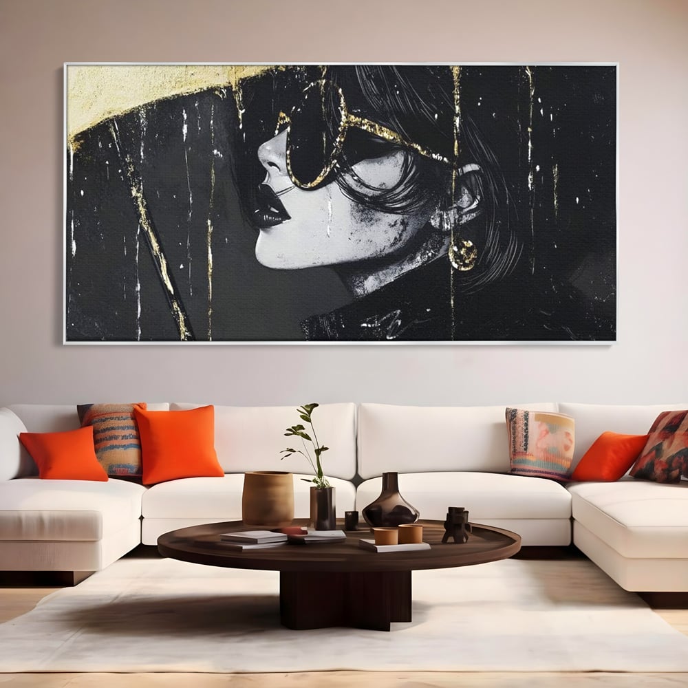 Tablou Canvas Premium, LuxCanva® G1112, Glamour In Ploaie, Picaturi, Umbrela, Gold, Ochelari, Stil, Rafinament, Cinematic, Artista, Living, Dormitor