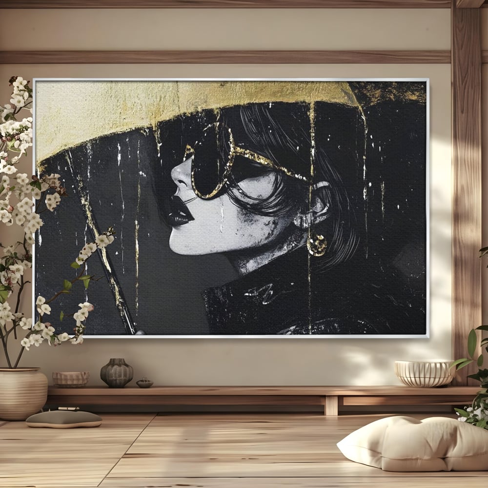 Tablou Canvas Premium, LuxCanva® G1112, Glamour In Ploaie, Picaturi, Umbrela, Gold, Ochelari, Stil, Rafinament, Cinematic, Artista, Living, Dormitor