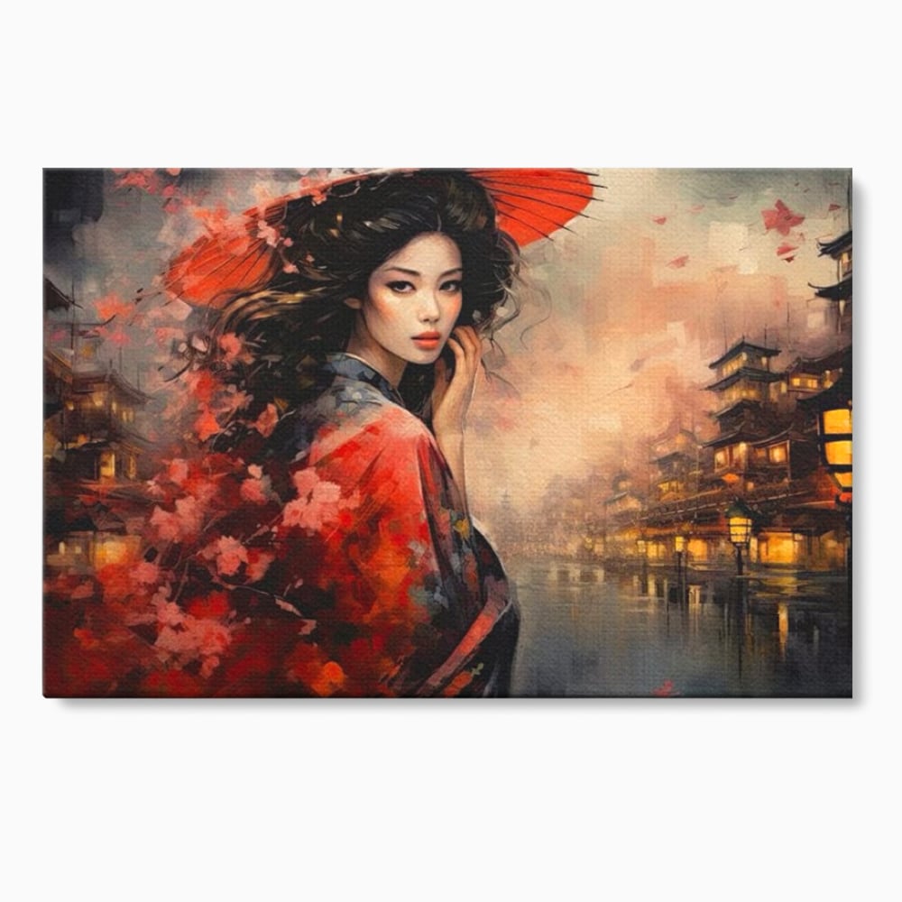 Leinwand Premium Leinwand Wandbilder, LuxCanva® G1116, Japanische Eleganz, Eis, Wind, Kirsche, Japanisch, Regenschirm, Schirm, Rosa, Kyoto, Asiatisch, Wohnen, Schlafzimmer