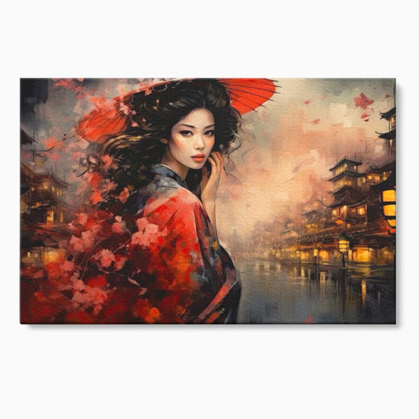 Leinwand Premium Leinwand Wandbilder, LuxCanva® G1116, Japanische Eleganz, Eis, Wind, Kirsche, Japanisch, Regenschirm, Schirm, Rosa, Kyoto, Asiatisch, Wohnen, Schlafzimmer