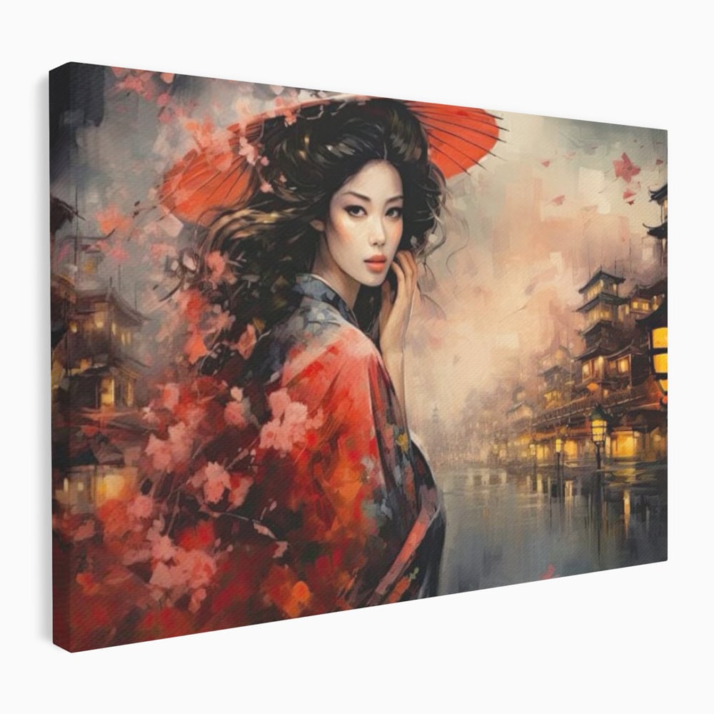 Leinwand Premium Leinwand Wandbilder, LuxCanva® G1116, Japanische Eleganz, Eis, Wind, Kirsche, Japanisch, Regenschirm, Schirm, Rosa, Kyoto, Asiatisch, Wohnen, Schlafzimmer