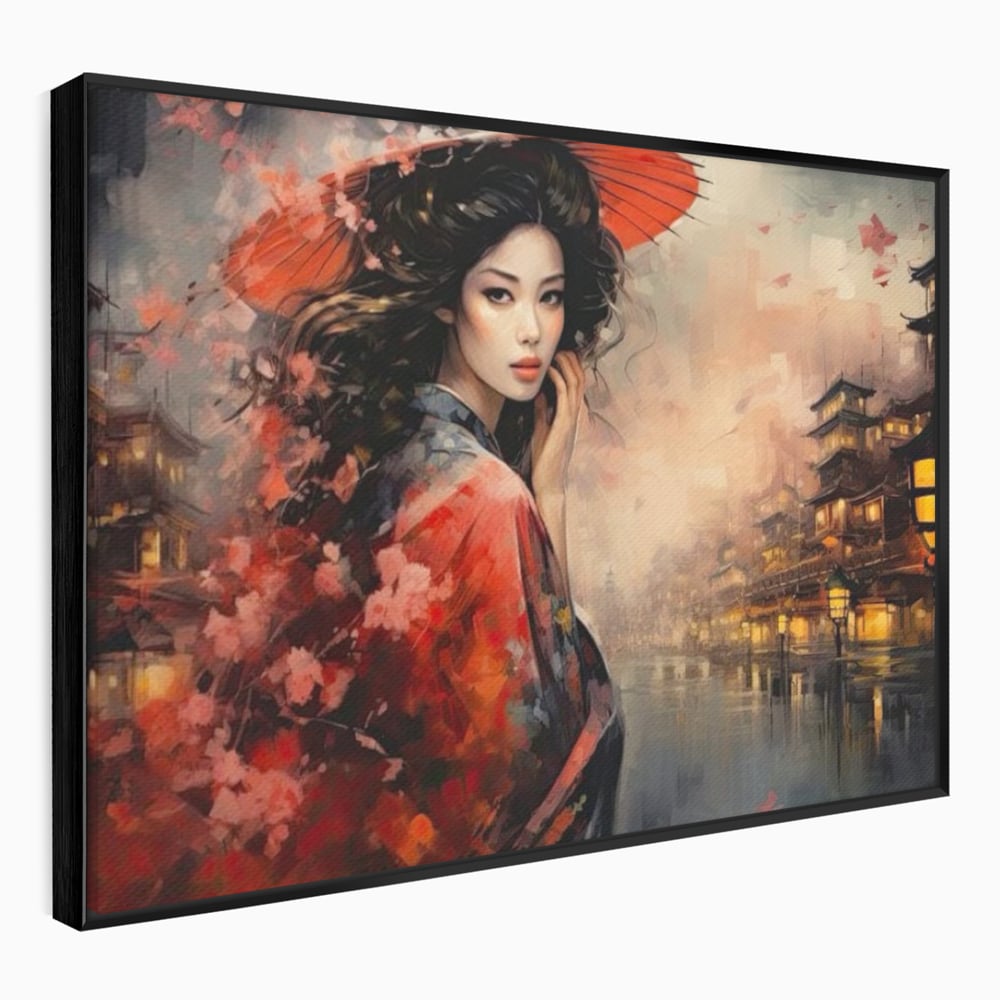Leinwand Premium Leinwand Wandbilder, LuxCanva® G1116, Japanische Eleganz, Eis, Wind, Kirsche, Japanisch, Regenschirm, Schirm, Rosa, Kyoto, Asiatisch, Wohnen, Schlafzimmer