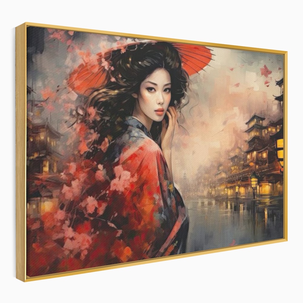 Leinwand Premium Leinwand Wandbilder, LuxCanva® G1116, Japanische Eleganz, Eis, Wind, Kirsche, Japanisch, Regenschirm, Schirm, Rosa, Kyoto, Asiatisch, Wohnen, Schlafzimmer