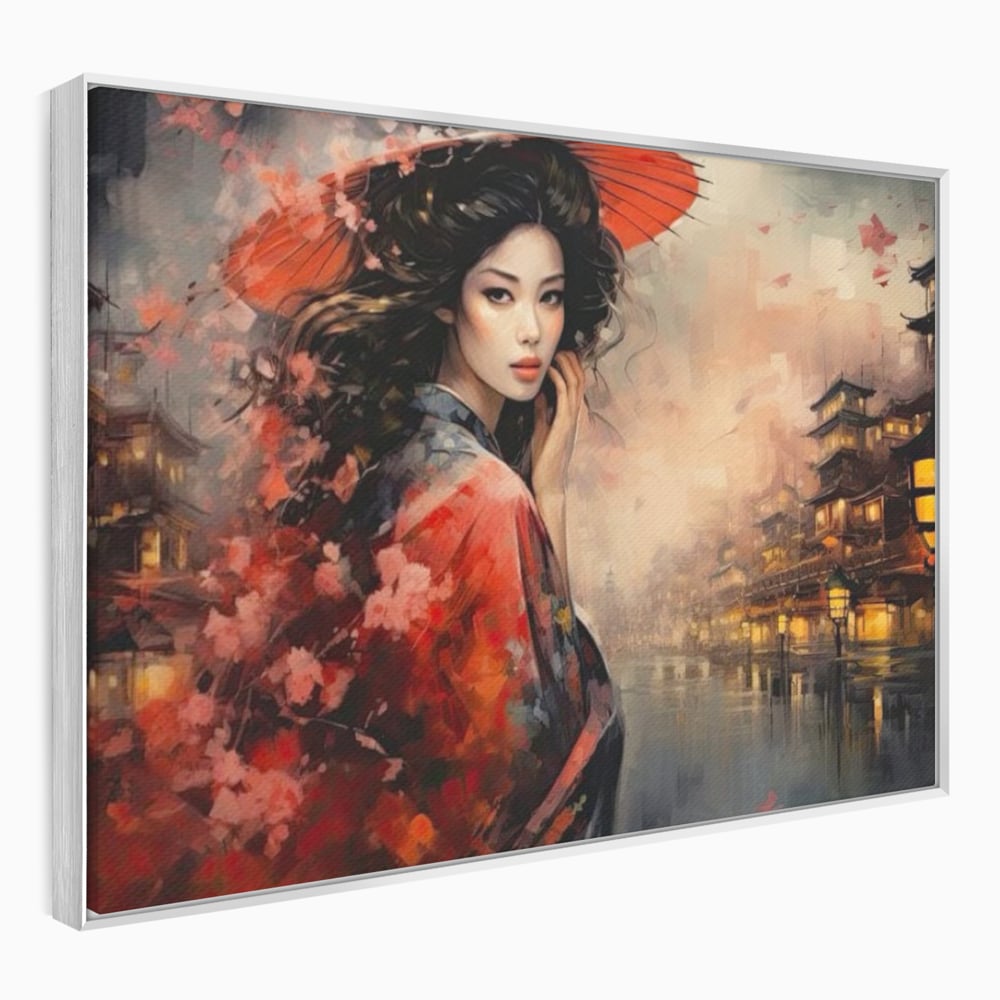 Leinwand Premium Leinwand Wandbilder, LuxCanva® G1116, Japanische Eleganz, Eis, Wind, Kirsche, Japanisch, Regenschirm, Schirm, Rosa, Kyoto, Asiatisch, Wohnen, Schlafzimmer