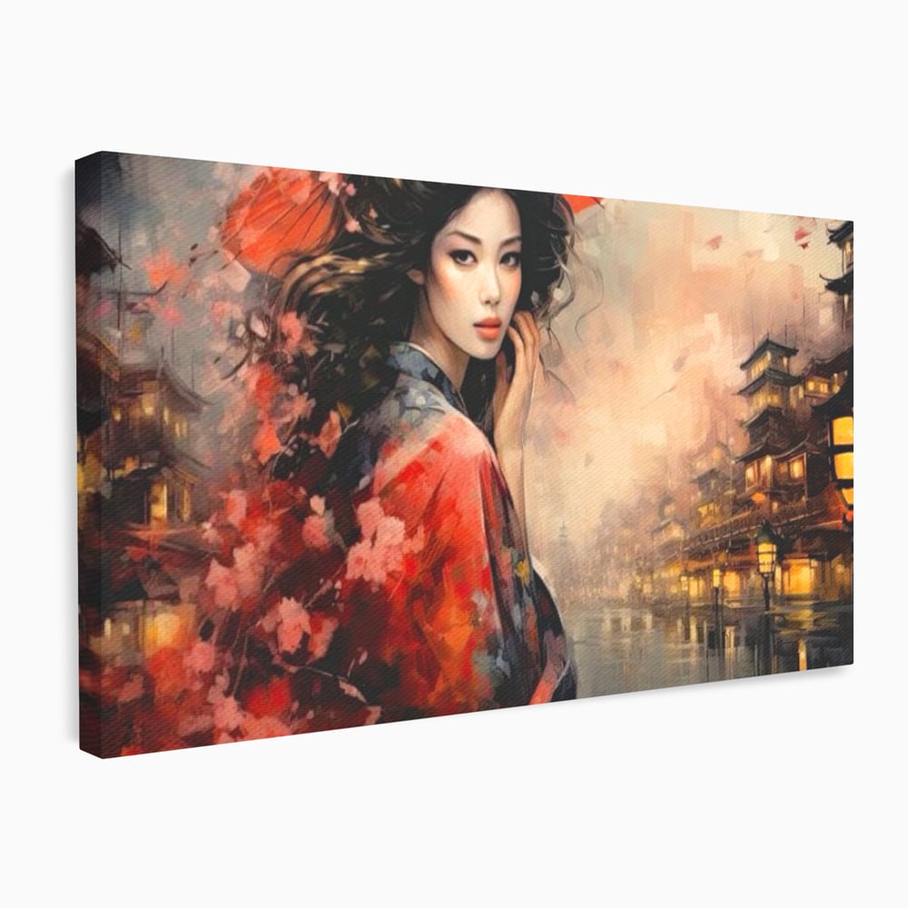 Leinwand Premium Leinwand Wandbilder, LuxCanva® G1116, Japanische Eleganz, Eis, Wind, Kirsche, Japanisch, Regenschirm, Schirm, Rosa, Kyoto, Asiatisch, Wohnen, Schlafzimmer