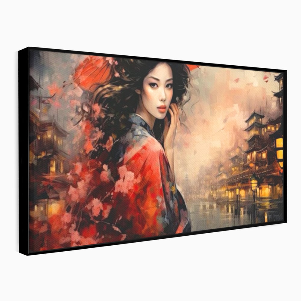Leinwand Premium Leinwand Wandbilder, LuxCanva® G1116, Japanische Eleganz, Eis, Wind, Kirsche, Japanisch, Regenschirm, Schirm, Rosa, Kyoto, Asiatisch, Wohnen, Schlafzimmer