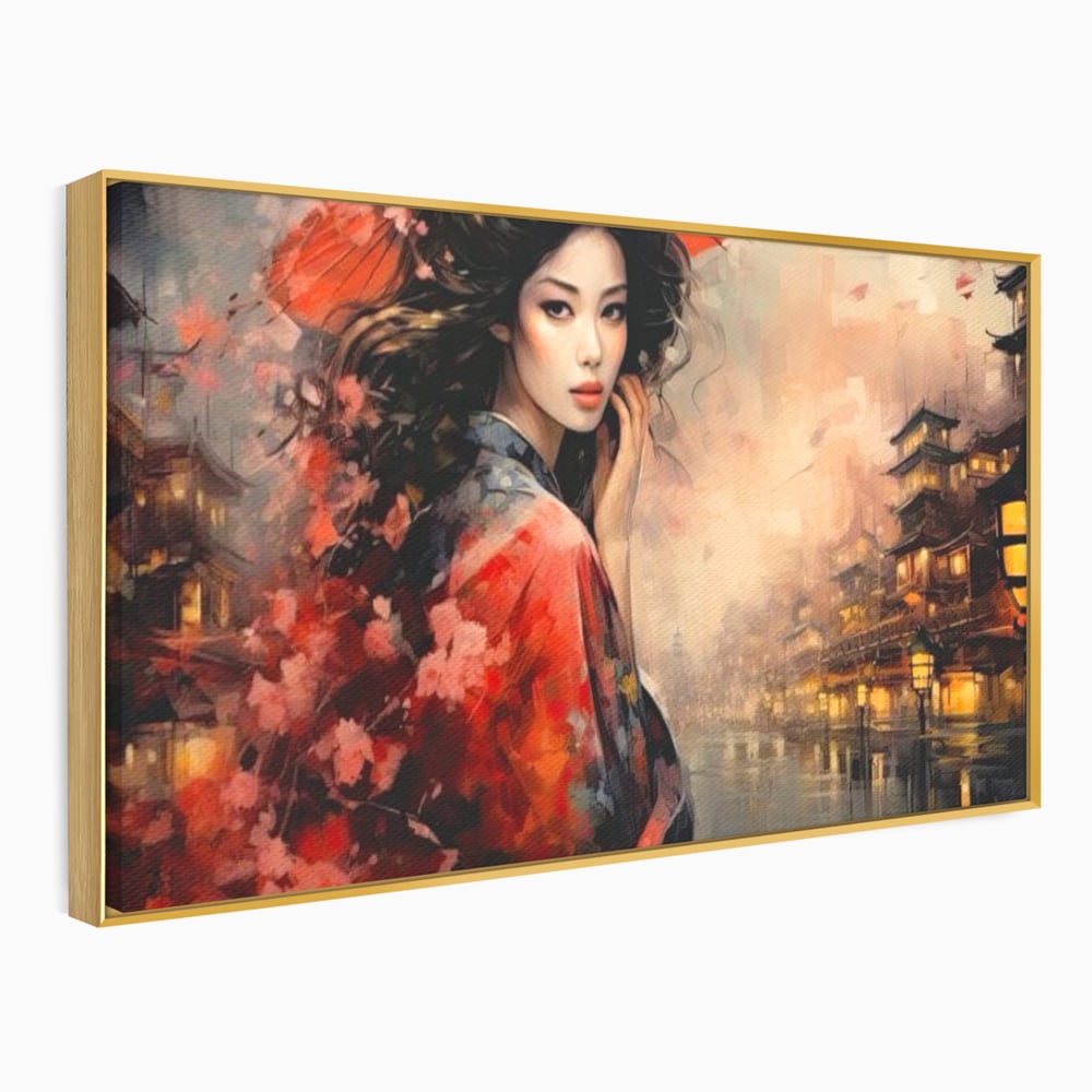 Leinwand Premium Leinwand Wandbilder, LuxCanva® G1116, Japanische Eleganz, Eis, Wind, Kirsche, Japanisch, Regenschirm, Schirm, Rosa, Kyoto, Asiatisch, Wohnen, Schlafzimmer