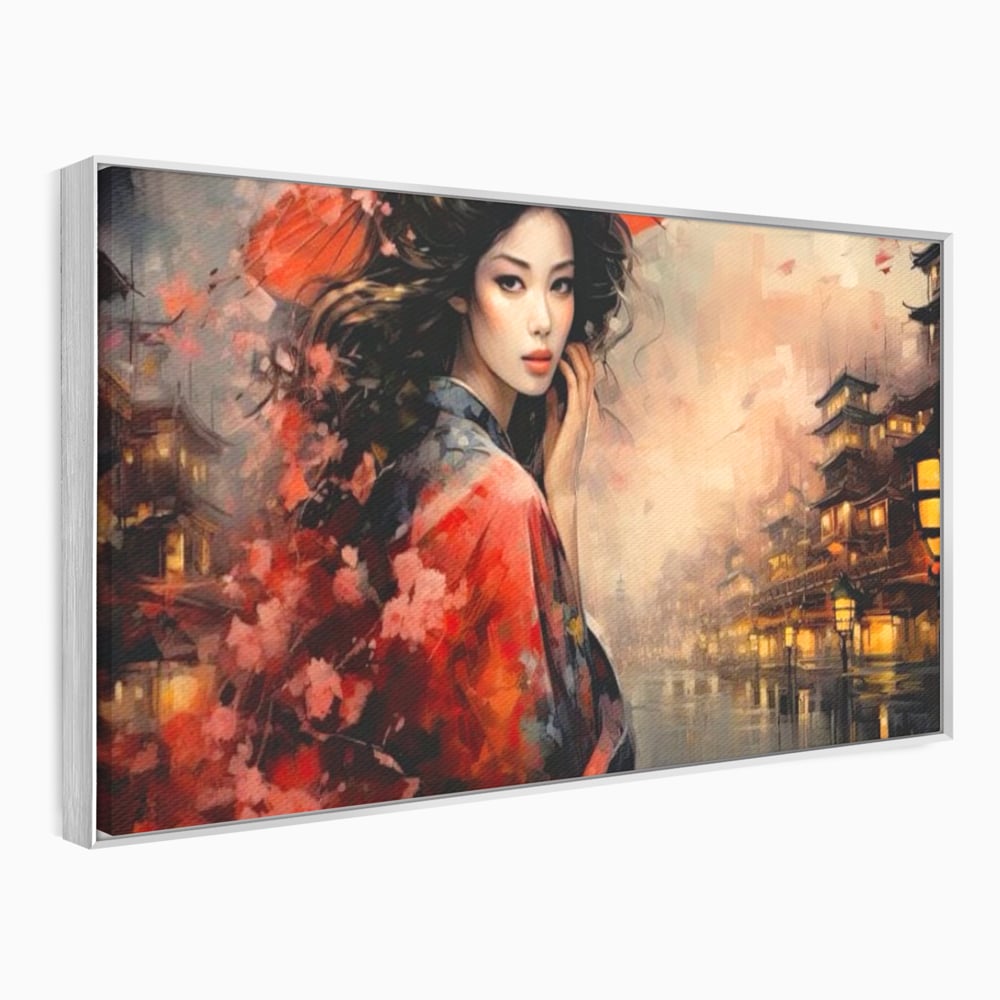 Leinwand Premium Leinwand Wandbilder, LuxCanva® G1116, Japanische Eleganz, Eis, Wind, Kirsche, Japanisch, Regenschirm, Schirm, Rosa, Kyoto, Asiatisch, Wohnen, Schlafzimmer