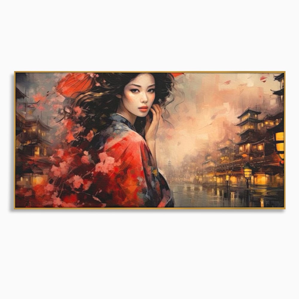 Leinwand Premium Leinwand Wandbilder, LuxCanva® G1116, Japanische Eleganz, Eis, Wind, Kirsche, Japanisch, Regenschirm, Schirm, Rosa, Kyoto, Asiatisch, Wohnen, Schlafzimmer