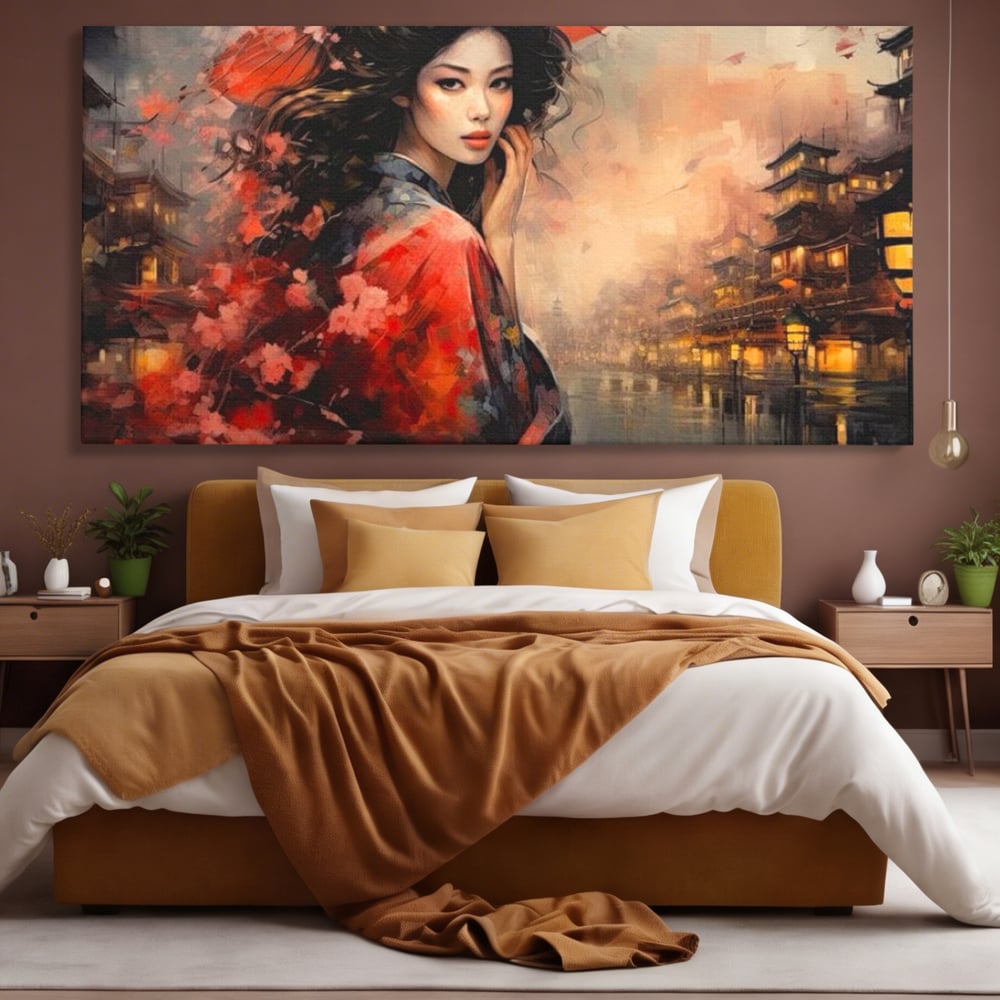 Leinwand Premium Leinwand Wandbilder, LuxCanva® G1116, Japanische Eleganz, Eis, Wind, Kirsche, Japanisch, Regenschirm, Schirm, Rosa, Kyoto, Asiatisch, Wohnen, Schlafzimmer
