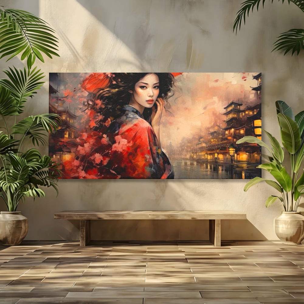 Leinwand Premium Leinwand Wandbilder, LuxCanva® G1116, Japanische Eleganz, Eis, Wind, Kirsche, Japanisch, Regenschirm, Schirm, Rosa, Kyoto, Asiatisch, Wohnen, Schlafzimmer