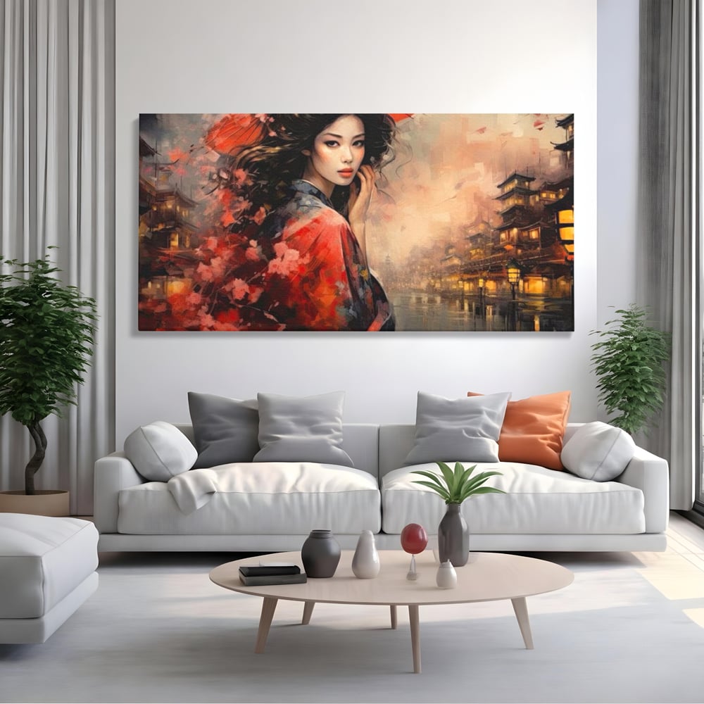 Leinwand Premium Leinwand Wandbilder, LuxCanva® G1116, Japanische Eleganz, Eis, Wind, Kirsche, Japanisch, Regenschirm, Schirm, Rosa, Kyoto, Asiatisch, Wohnen, Schlafzimmer