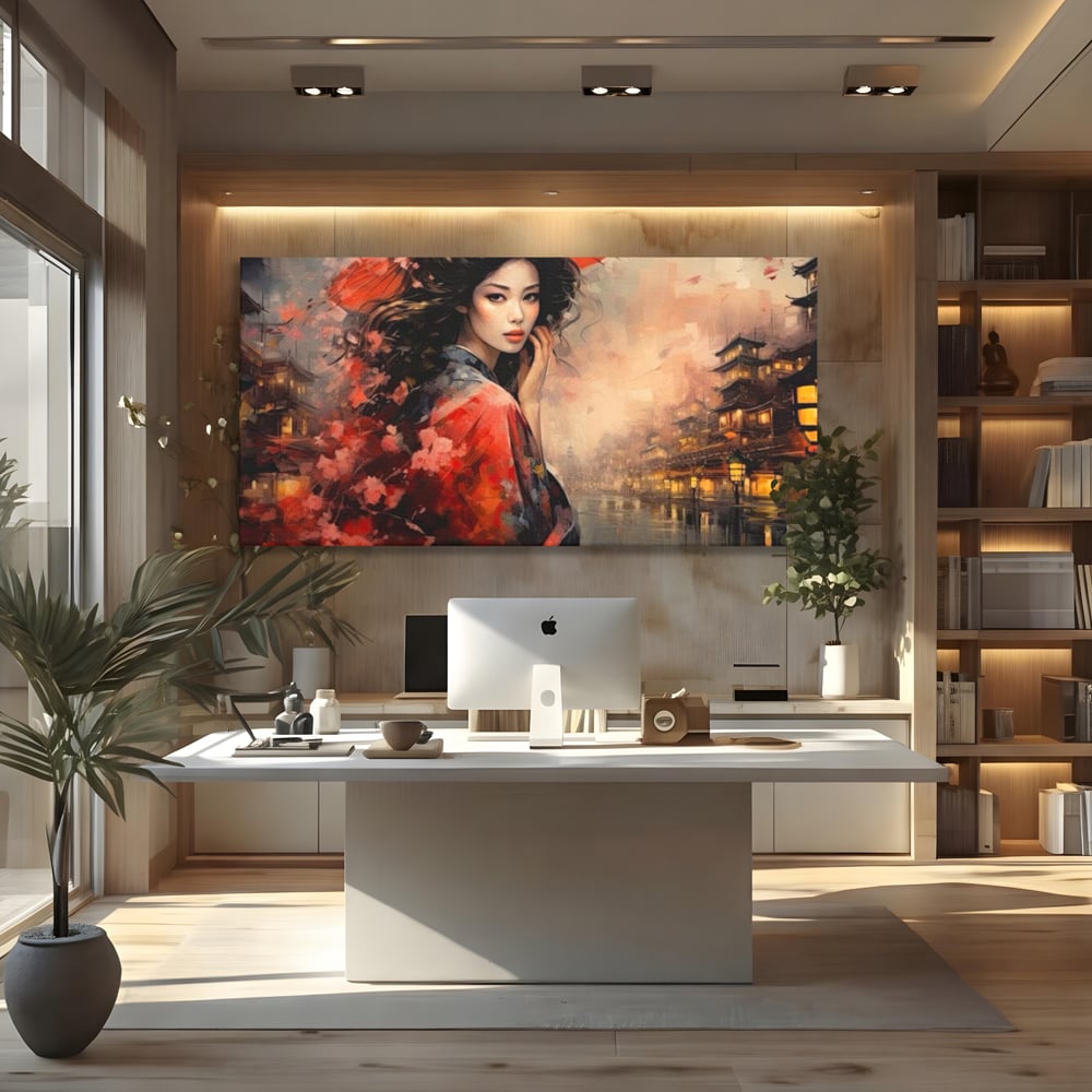Leinwand Premium Leinwand Wandbilder, LuxCanva® G1116, Japanische Eleganz, Eis, Wind, Kirsche, Japanisch, Regenschirm, Schirm, Rosa, Kyoto, Asiatisch, Wohnen, Schlafzimmer