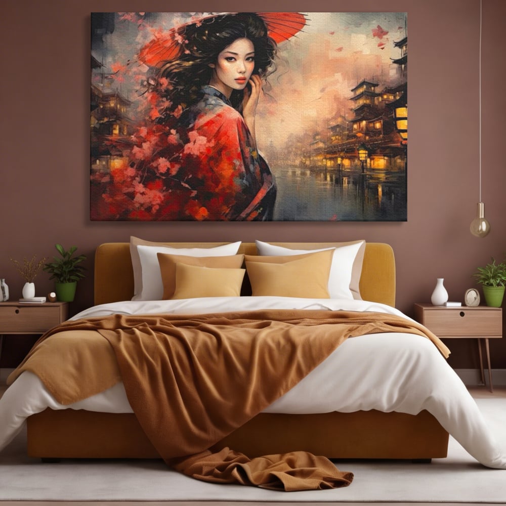 Leinwand Premium Leinwand Wandbilder, LuxCanva® G1116, Japanische Eleganz, Eis, Wind, Kirsche, Japanisch, Regenschirm, Schirm, Rosa, Kyoto, Asiatisch, Wohnen, Schlafzimmer