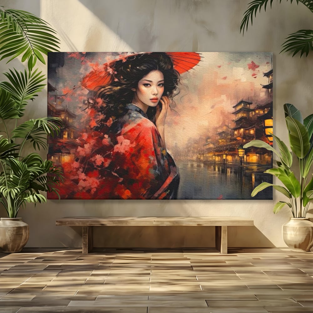 Leinwand Premium Leinwand Wandbilder, LuxCanva® G1116, Japanische Eleganz, Eis, Wind, Kirsche, Japanisch, Regenschirm, Schirm, Rosa, Kyoto, Asiatisch, Wohnen, Schlafzimmer