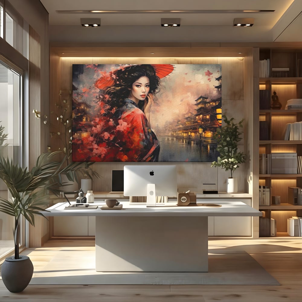 Leinwand Premium Leinwand Wandbilder, LuxCanva® G1116, Japanische Eleganz, Eis, Wind, Kirsche, Japanisch, Regenschirm, Schirm, Rosa, Kyoto, Asiatisch, Wohnen, Schlafzimmer