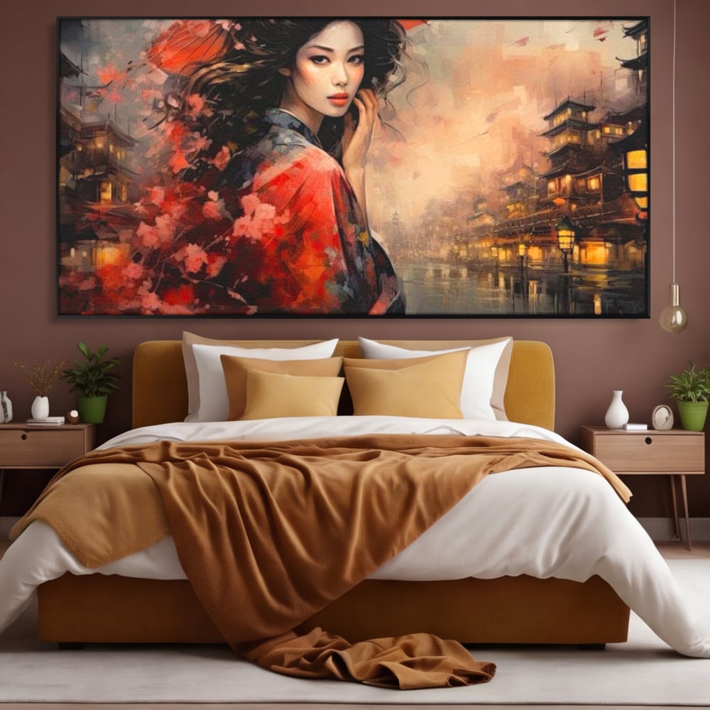 Leinwand Premium Leinwand Wandbilder, LuxCanva® G1116, Japanische Eleganz, Eis, Wind, Kirsche, Japanisch, Regenschirm, Schirm, Rosa, Kyoto, Asiatisch, Wohnen, Schlafzimmer