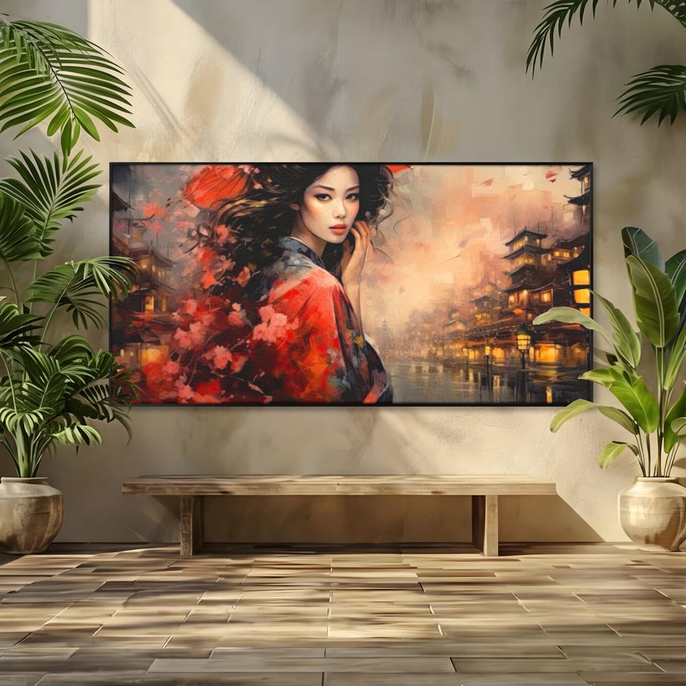 Leinwand Premium Leinwand Wandbilder, LuxCanva® G1116, Japanische Eleganz, Eis, Wind, Kirsche, Japanisch, Regenschirm, Schirm, Rosa, Kyoto, Asiatisch, Wohnen, Schlafzimmer