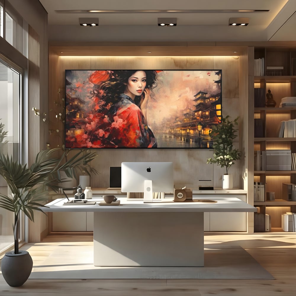 Leinwand Premium Leinwand Wandbilder, LuxCanva® G1116, Japanische Eleganz, Eis, Wind, Kirsche, Japanisch, Regenschirm, Schirm, Rosa, Kyoto, Asiatisch, Wohnen, Schlafzimmer