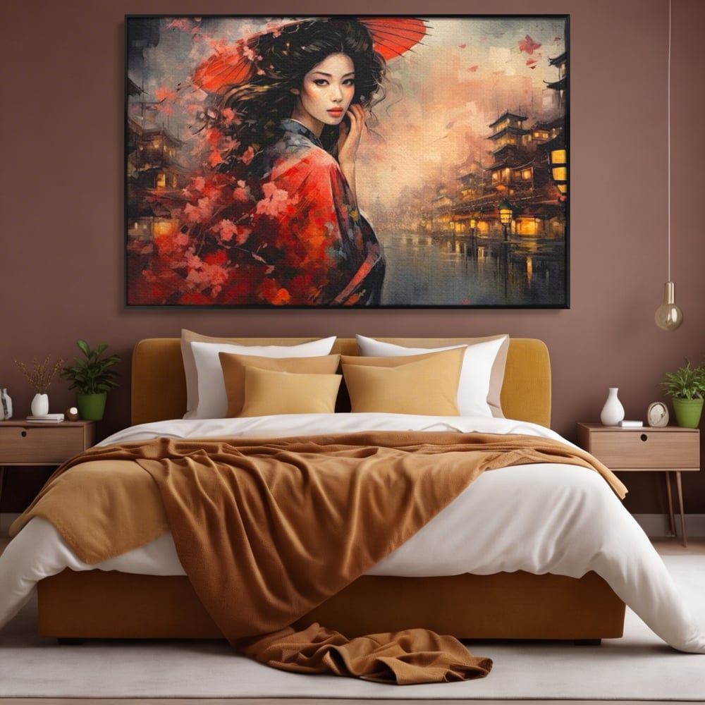 Leinwand Premium Leinwand Wandbilder, LuxCanva® G1116, Japanische Eleganz, Eis, Wind, Kirsche, Japanisch, Regenschirm, Schirm, Rosa, Kyoto, Asiatisch, Wohnen, Schlafzimmer