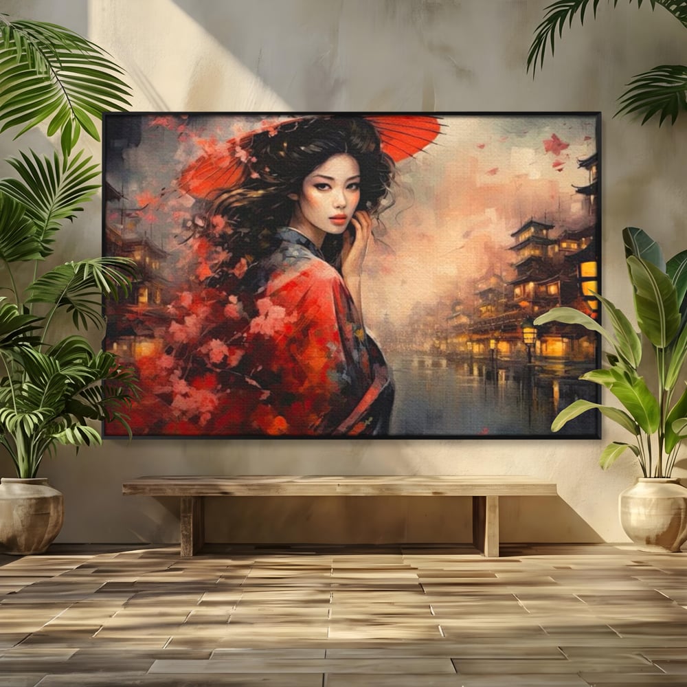 Leinwand Premium Leinwand Wandbilder, LuxCanva® G1116, Japanische Eleganz, Eis, Wind, Kirsche, Japanisch, Regenschirm, Schirm, Rosa, Kyoto, Asiatisch, Wohnen, Schlafzimmer