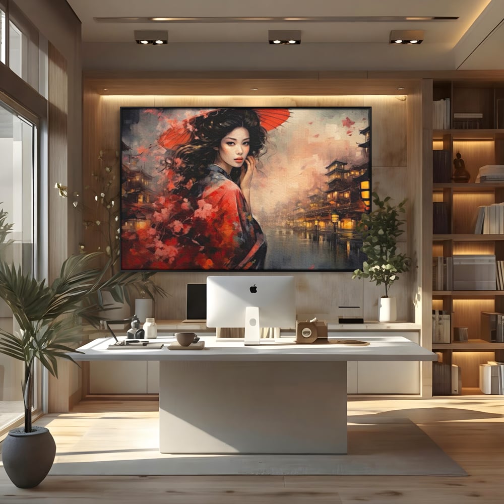 Leinwand Premium Leinwand Wandbilder, LuxCanva® G1116, Japanische Eleganz, Eis, Wind, Kirsche, Japanisch, Regenschirm, Schirm, Rosa, Kyoto, Asiatisch, Wohnen, Schlafzimmer